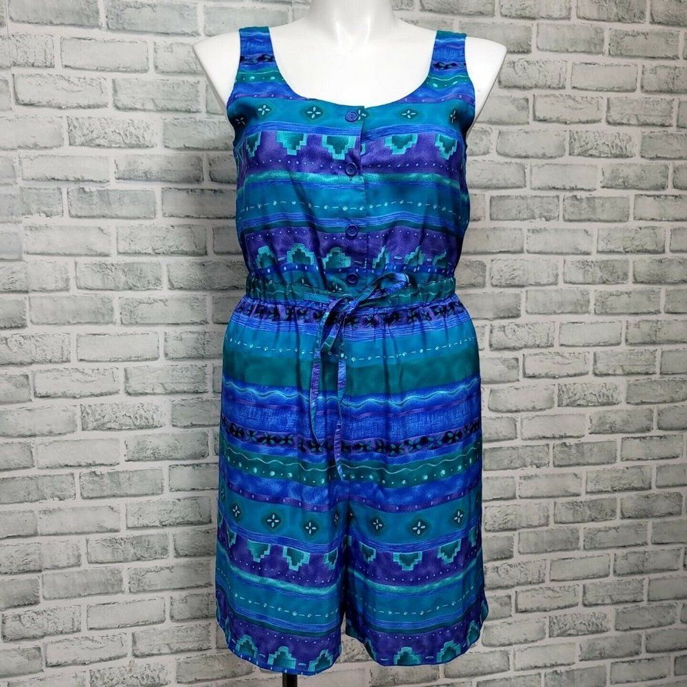 Vintage 90s Kathie Lee Collection Womens 10 Teal Purple Abstract Tropical Romper